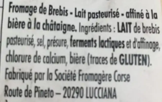 Casgiu di pecura ingredients label