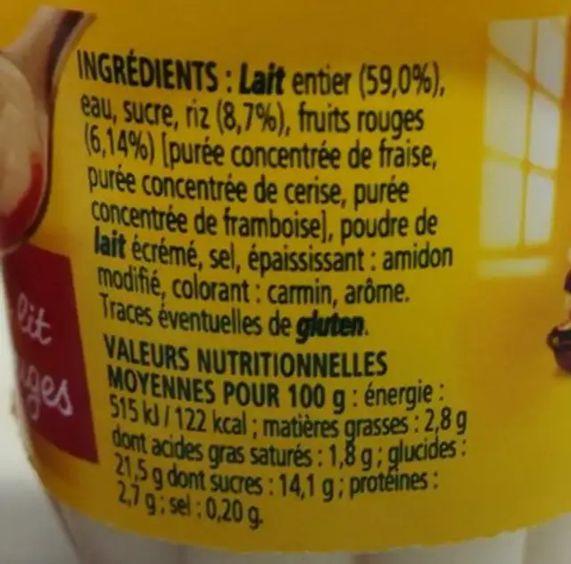 Riz au lait nature sur lit de fruits rouges ingredients label