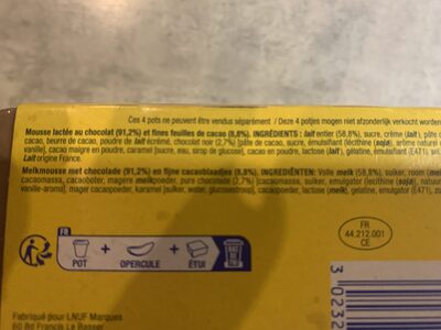 mousse chocolat ingredients label