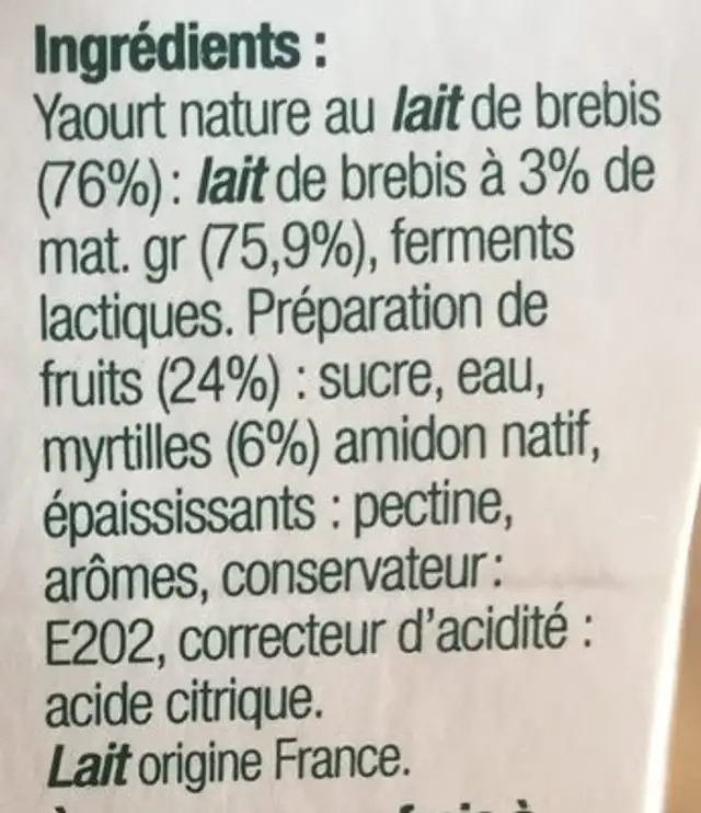 Yaourt au Lait de Brebis sur Lit de Myrtilles ingredients label