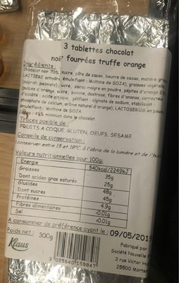 Chocolat noir fourrées truffe orange front packaging