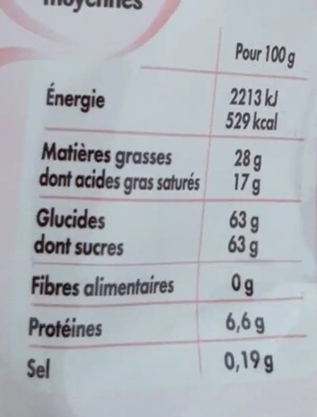 Pépites chocolat blanc nutrition facts table