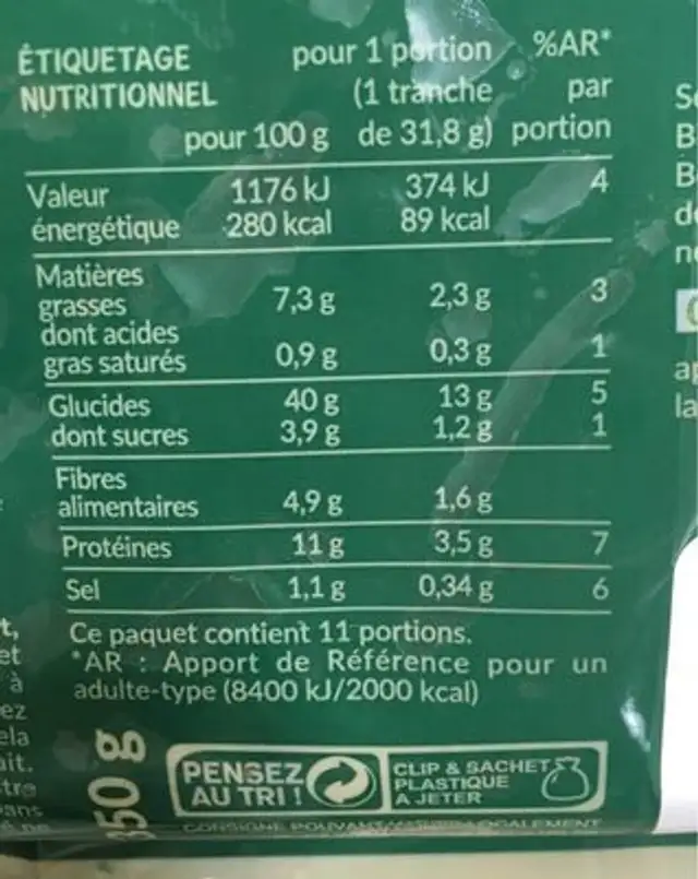 Pave aux graines nutrition facts table