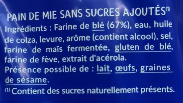 Pain de mie nature ingredients label