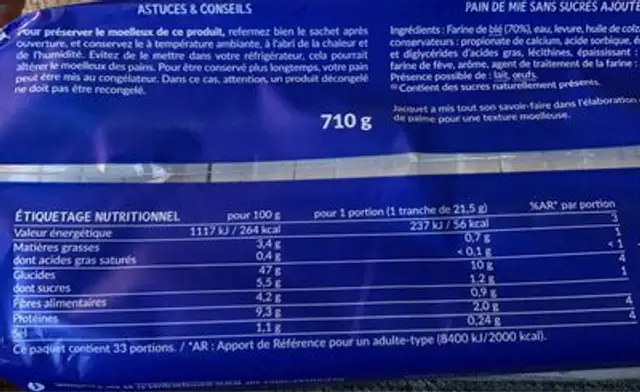 Pain de mie sans croûte jacquet nutrition facts table