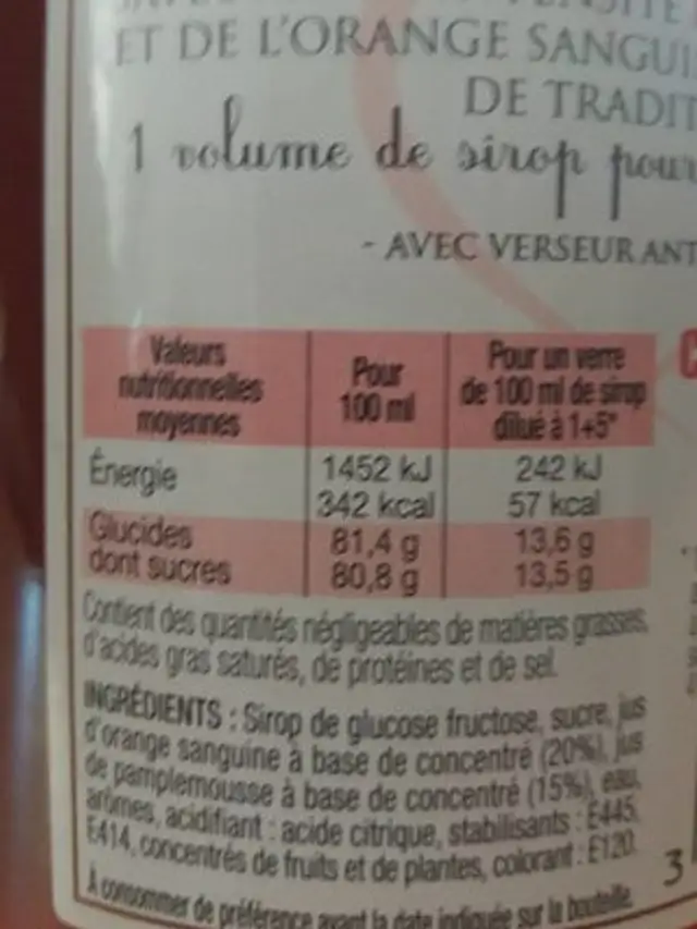 Sirop de pamplemousse orange sanguine nutrition facts table