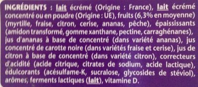 Yaourts 0% Cerise Ananas Citron Fraise Myrtille Pêche (12 pots + 4 gratuits) ingredients label