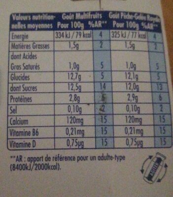 Actimel aro goût multifruits et pêche-gelee royale 100 g x 12 nutrition facts table