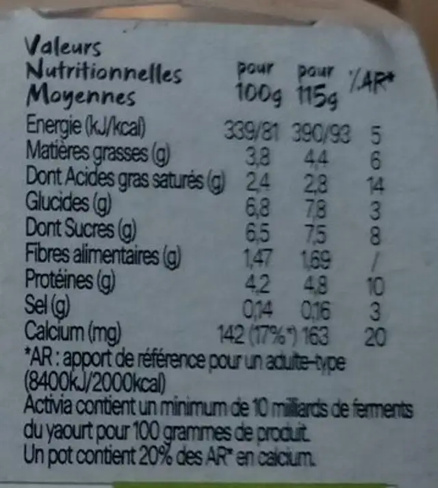 Activia sans sucre ajoute mangue coco chia 115 g x 4 nutrition facts table