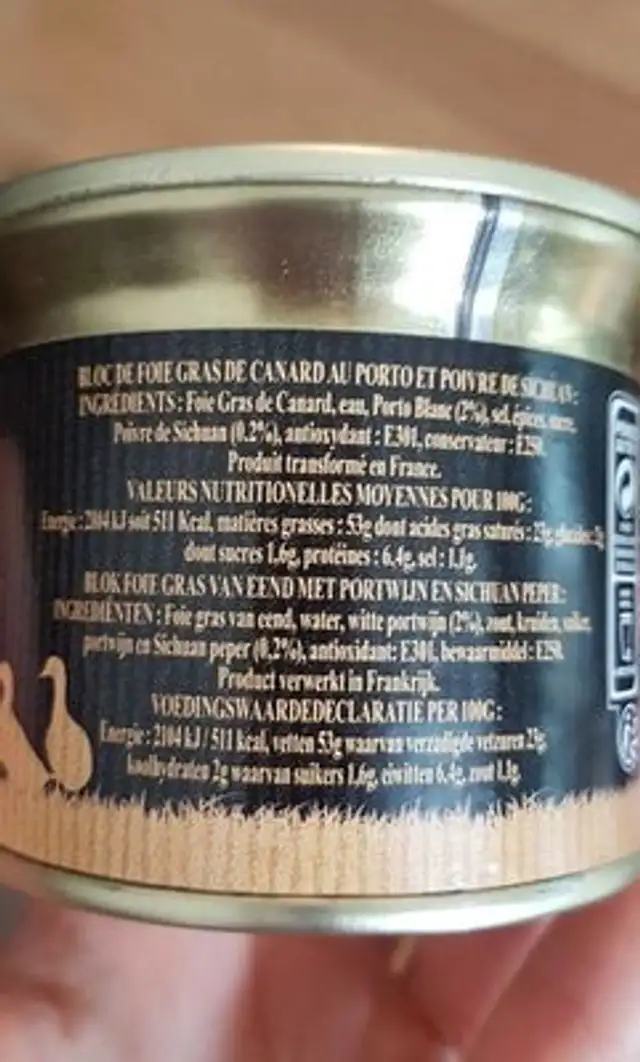 Bloc de foie gras de canard ingredients label