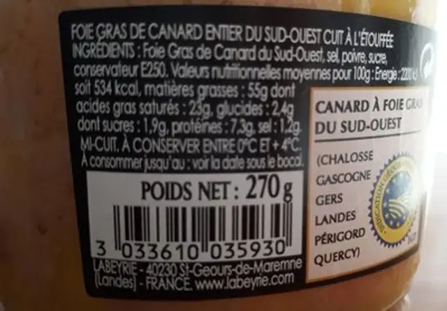 Foie gras de canard entier ingredients label