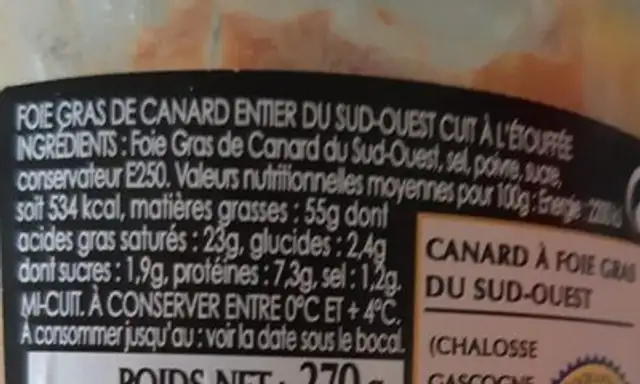 Foie gras de canard entier nutrition facts table