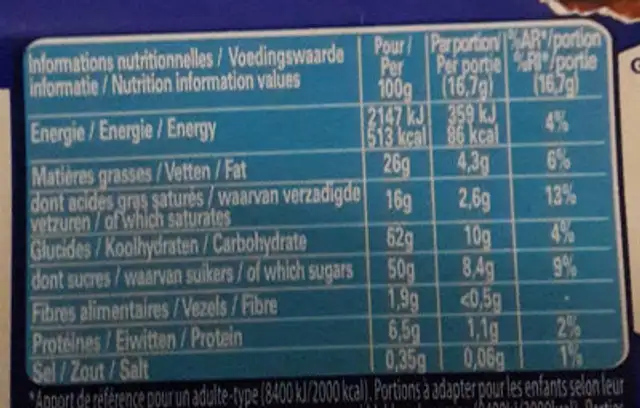 CRUNCH Lait Tablette 100g nutrition facts table