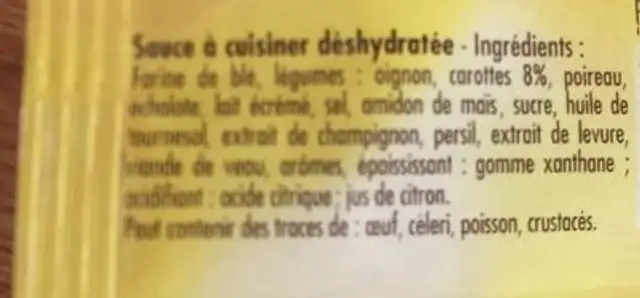 Veau façon blanquette ingredients label