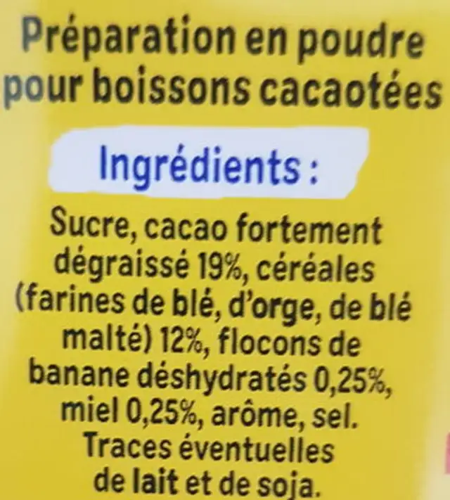 Banania original cacao céréales touche de miel ingredients label