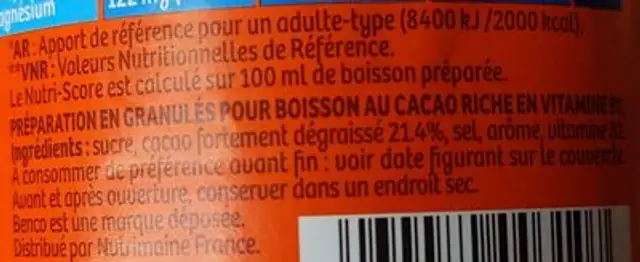 Benco Original ingredients label