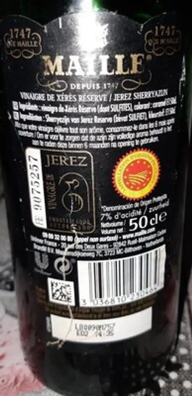 Vinaigre de Xérès nutrition facts table
