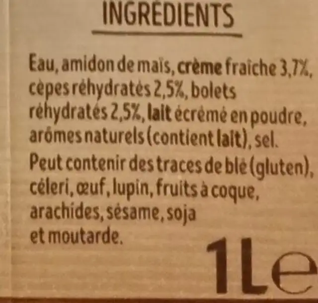 Cèpes & Bolets à la Crème Fraîche ingredients label
