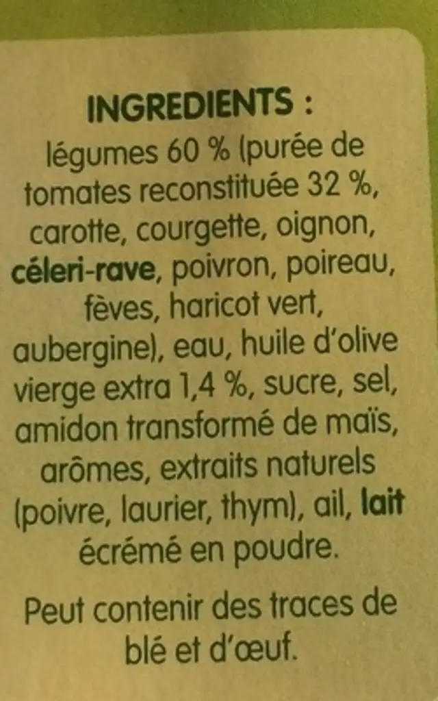 Velouté de Légumes du Soleil ingredients label
