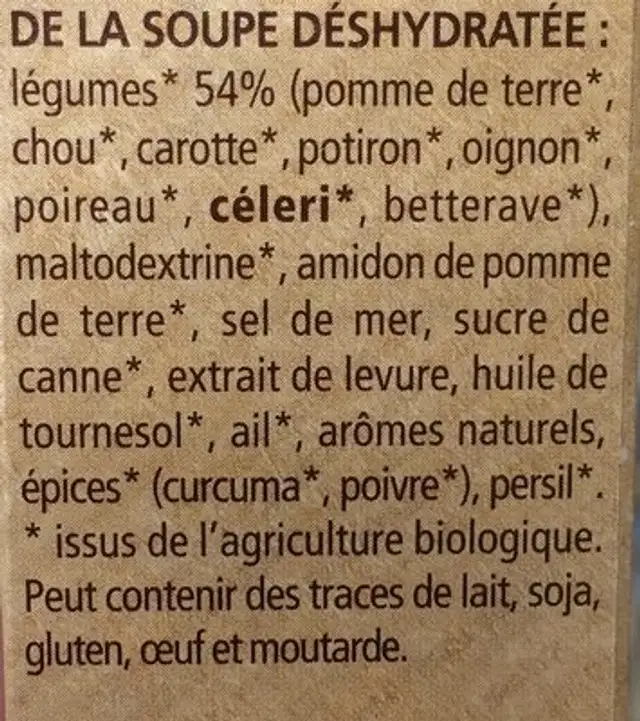 Moulinés de légumes ingredients label