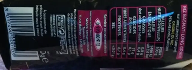 Le Basmati du Penjab nutrition facts table