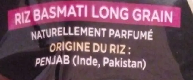 Le Basmati du Penjab ingredients label