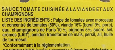 Bolognaise champignons ingredients label