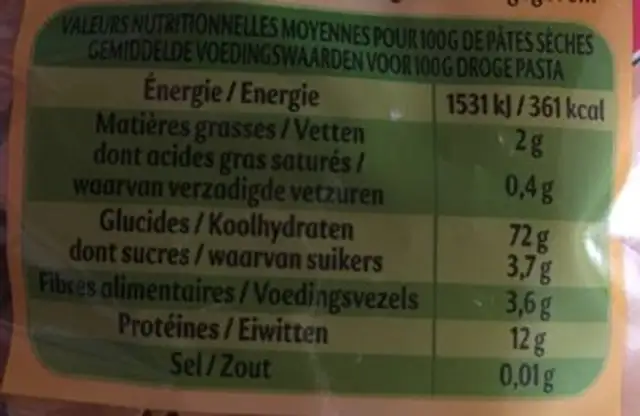 Pâtes nutrition facts table