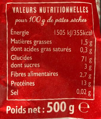 Panzani selezione casarecce 500g nutrition facts table