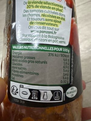 Bolognaise Extra Riche nutrition facts table