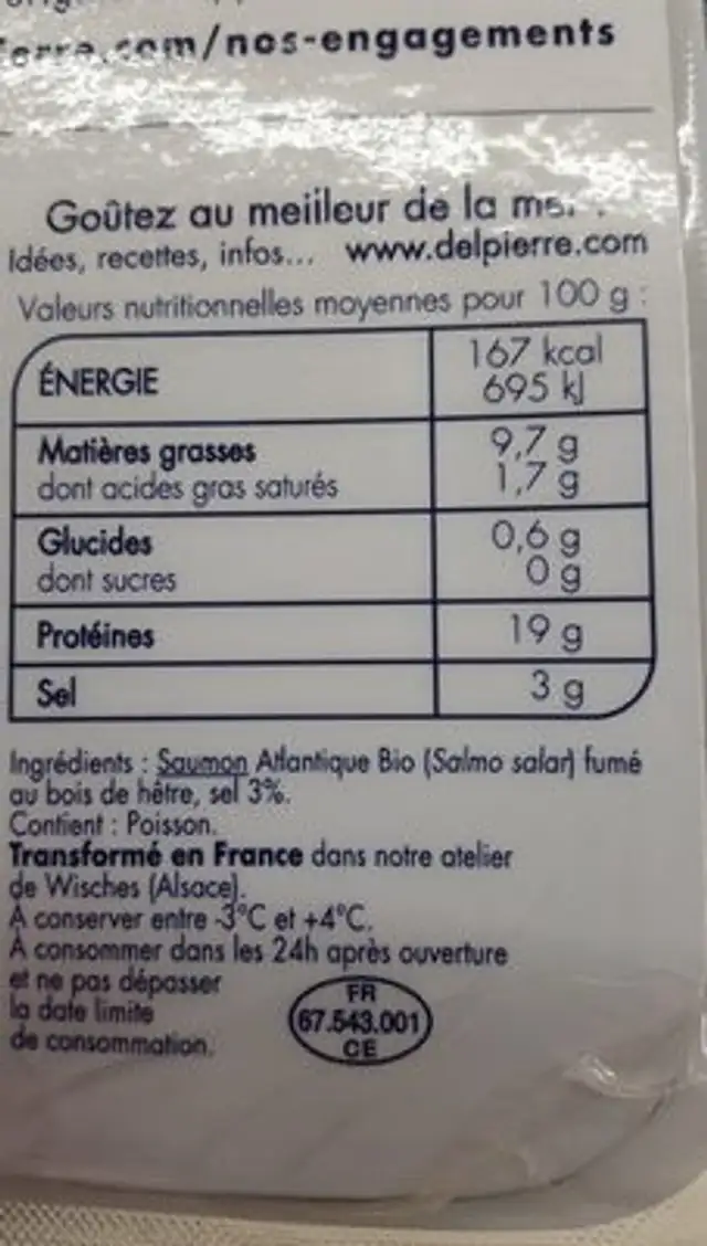 Saumon fumé bio ingredients label