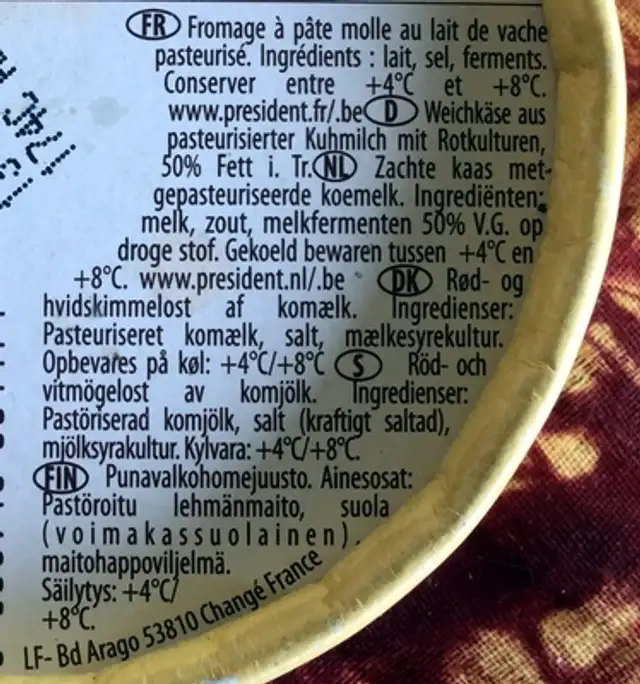Traditional soft and lavish cheese ingredients label