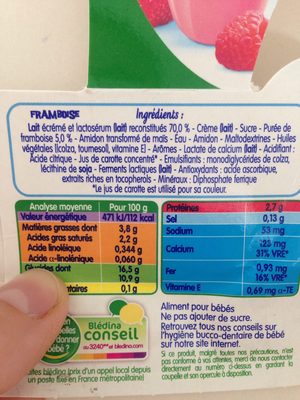 Bledilacte Aliments Infantiles Pot Plastique Framboise Ou Peche Ou Poire Standard 12CT Des 6 Mois Lisse Dessert Et Fruit ingredients label