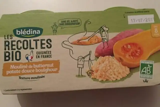 BLEDINA LES RECOLTES BIO Mouliné de Butternut Patate Douce Boulghour 2x200g Dès 8 Mois front packaging