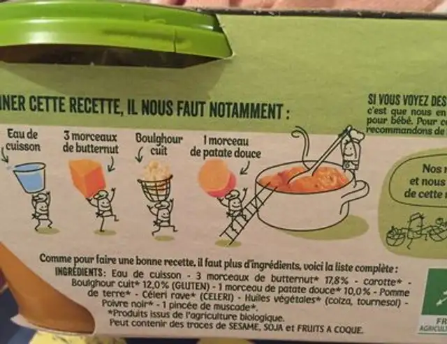 BLEDINA LES RECOLTES BIO Mouliné de Butternut Patate Douce Boulghour 2x200g Dès 8 Mois ingredients label
