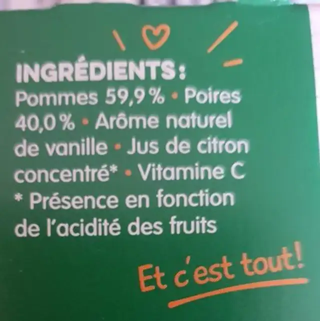 BLEDINA COUPELLES FRUITS Pommes Poires Vanille 8x100g Dès 6 Mois ingredients label