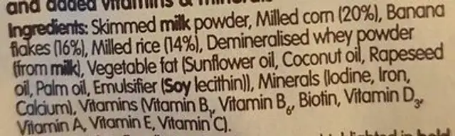 Banana porridge ingredients label