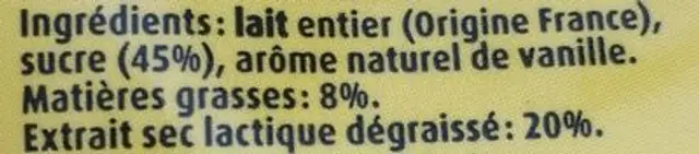 Lait concentre sucré Arôme naturel vanille ingredients label