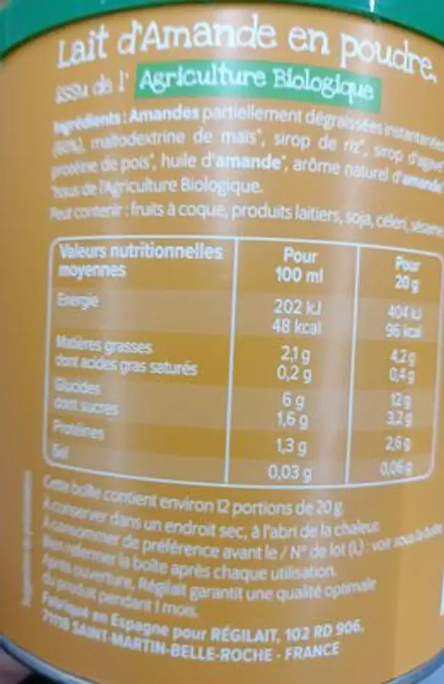 Lait d’amande en poudre ingredients label