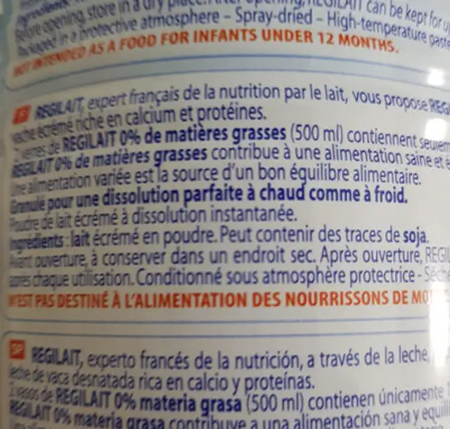 Regilait lait Écrémé en Poudre ingredients label