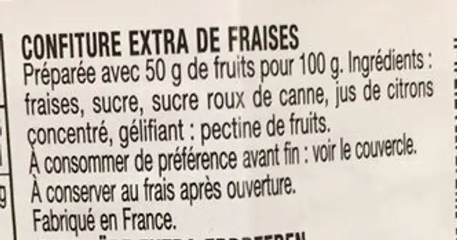 Fraises Confiture ingredients label