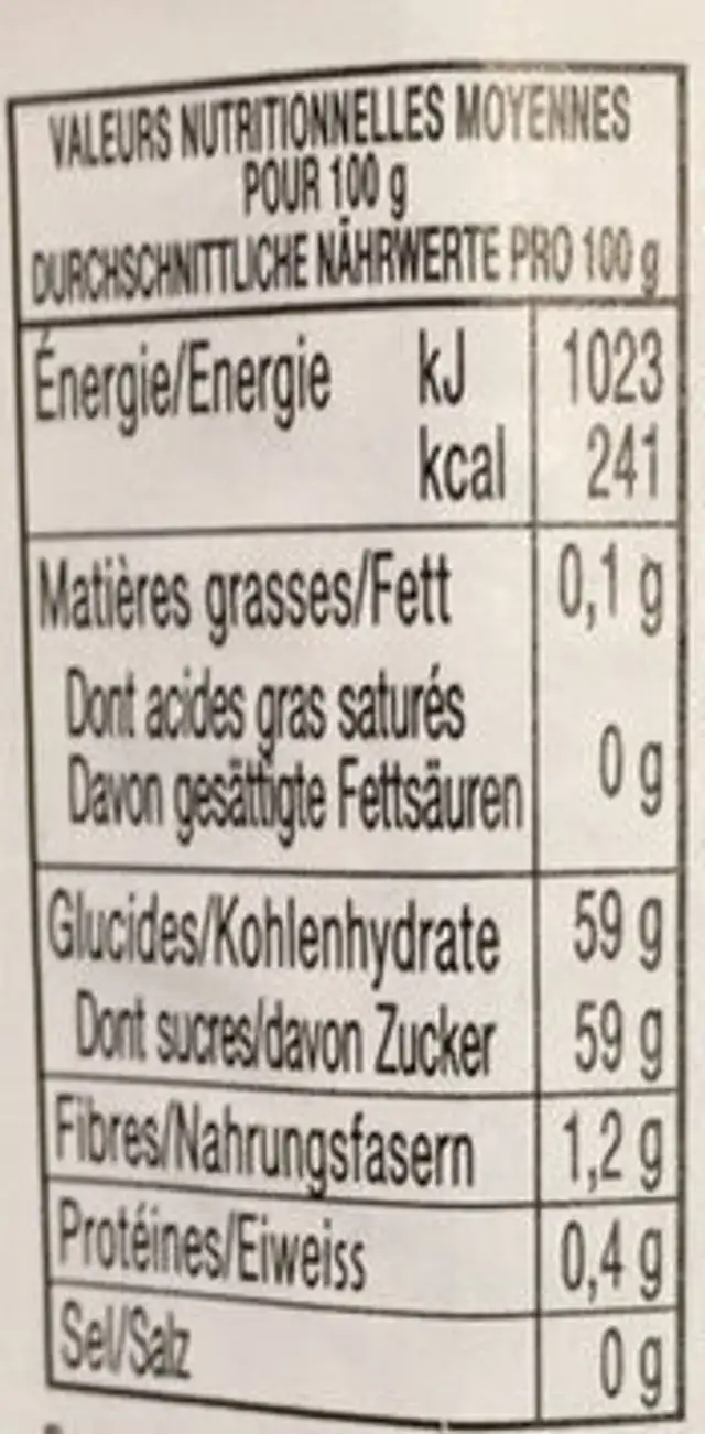Fraises Confiture nutrition facts table