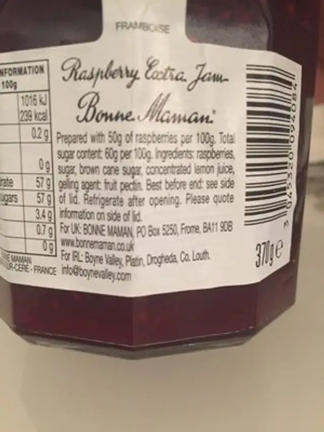 Raspberry Conserve ingredients label
