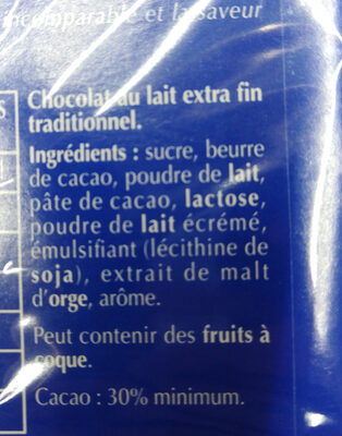 Chocolat lait extra fin nutrition facts table