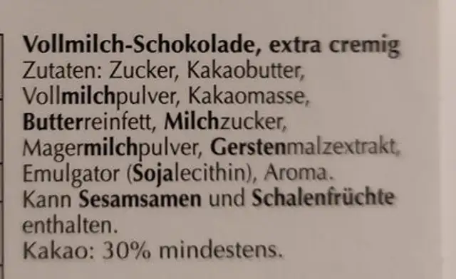 Vollmilch Schokolade Extra Cremig ingredients label