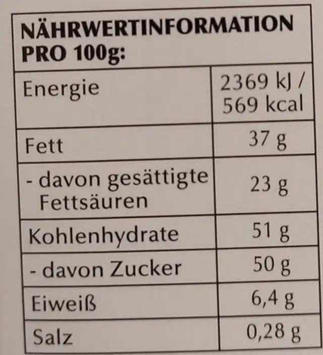 Vollmilch Schokolade Extra Cremig nutrition facts table