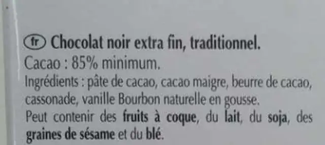 Excellence 85% Cacao Noir Puissant ingredients label