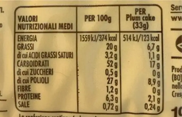 Plumcake benesì coop nutrition facts table