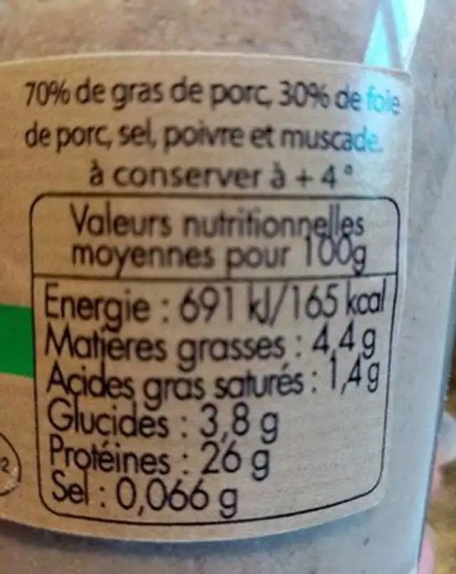 Pate Des Cevennes nutrition facts table