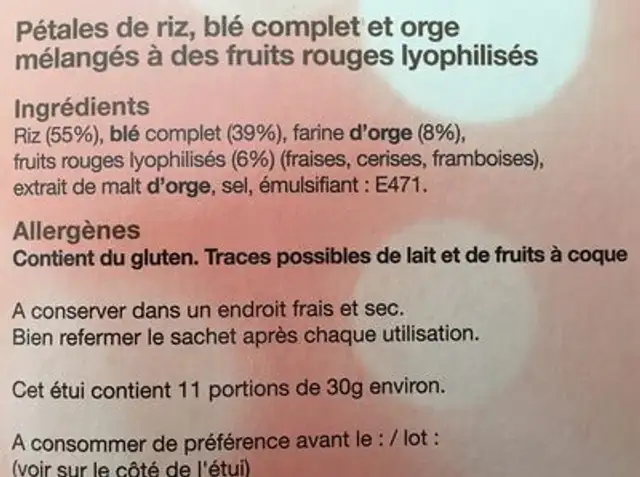 Pétales de céréales Dietlife ingredients label